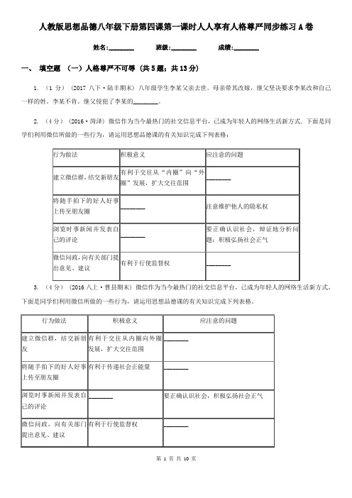 人教版思想品德八年级下册第四课第一课时人人享有人格尊严同步练习A卷