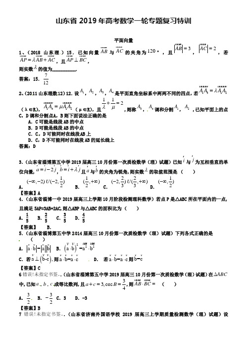 山东2019年高考数学(理)一轮特训：平面向量(含答案)