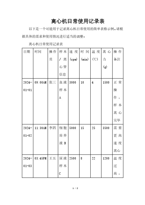 离心机日常使用记录表