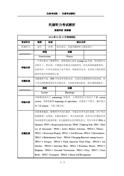 南通环球雅思2014年03月23号托福听力真题回忆及解析