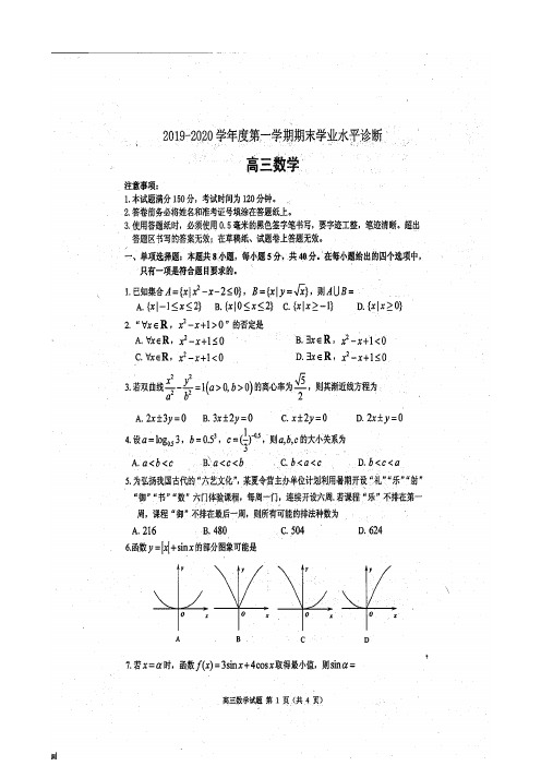 2019-2020学年度山东省烟台市第一学期期末学业水平诊断高三数学(含答案)