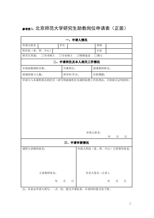 参考表1北京师范大学研究生助教岗位申请表(正面)