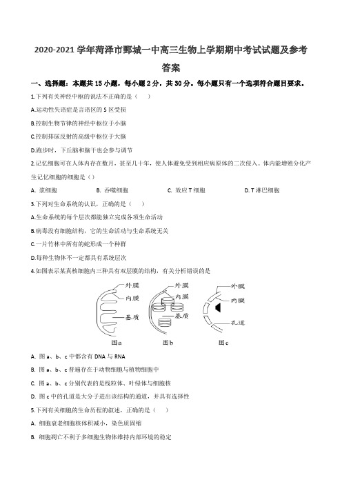 2020-2021学年菏泽市鄄城一中高三生物上学期期中考试试题及参考答案