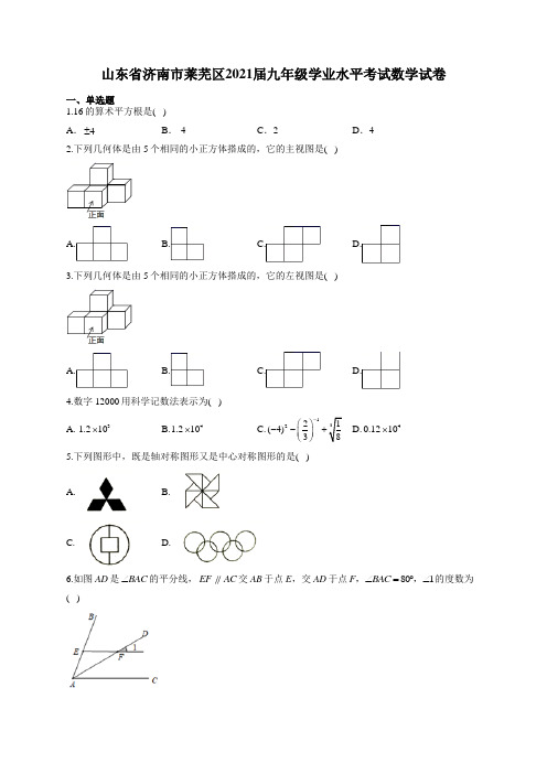山东省济南市莱芜区2021届九年级学业水平考试数学试卷(有答案)