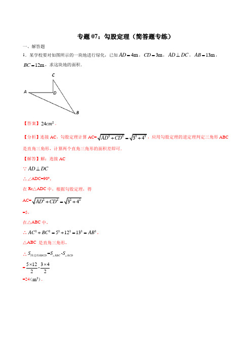 专题07：勾股定理(简答题专练)(解析版)