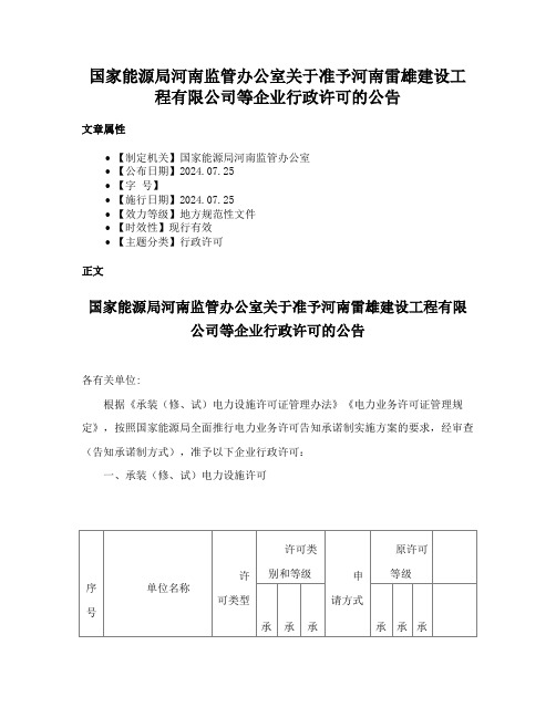 国家能源局河南监管办公室关于准予河南雷雄建设工程有限公司等企业行政许可的公告