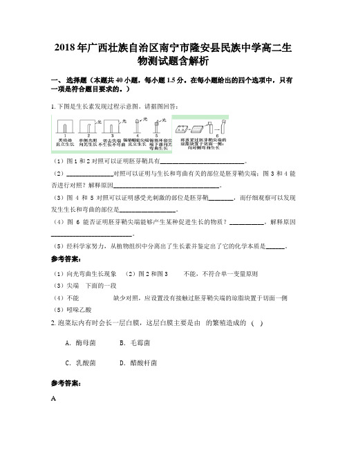 2018年广西壮族自治区南宁市隆安县民族中学高二生物测试题含解析