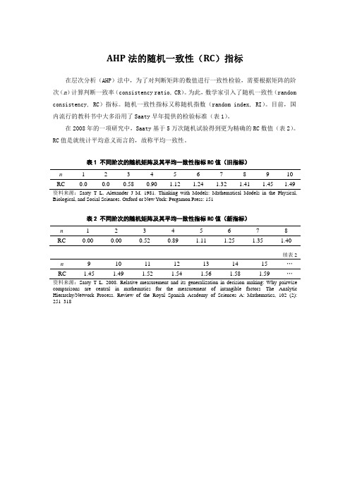 AHP法的随机一致性(RC)指标