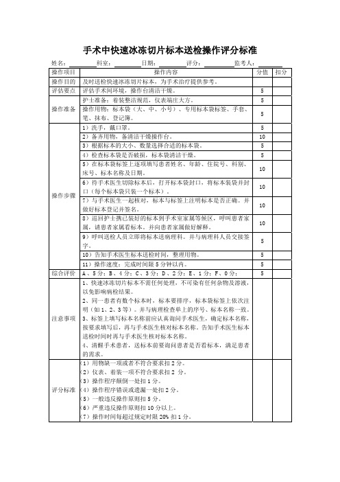 手术中快速冰冻切片标本送检操作评分标准表