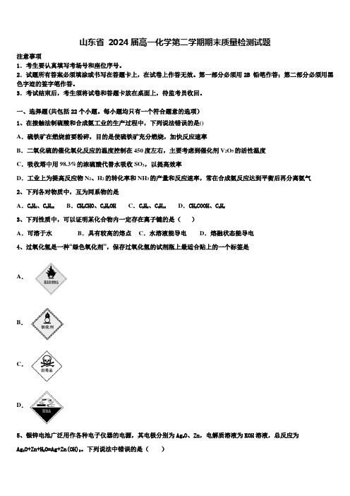 山东省 2024届高一化学第二学期期末质量检测试题含解析