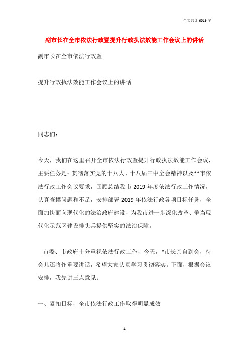 副市长在全市依法行政暨提升行政执法效能工作会议上的讲话