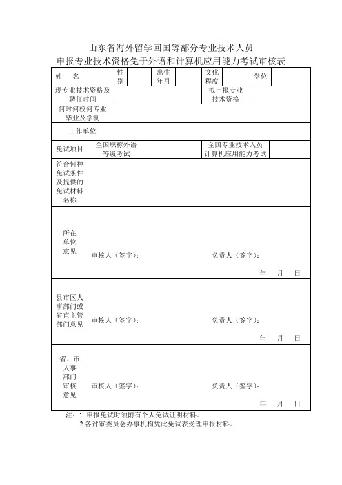 《山东省海外留学回国等部分专业技术人员申报专业技术资格免于外语和计算机应用能力考试审核表》