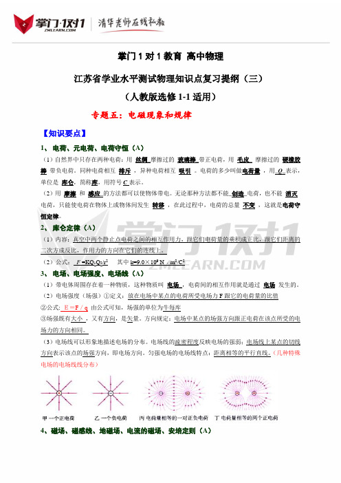 江苏省学业水平测试物理知识点复习提纲_专题5_电磁现象和规律