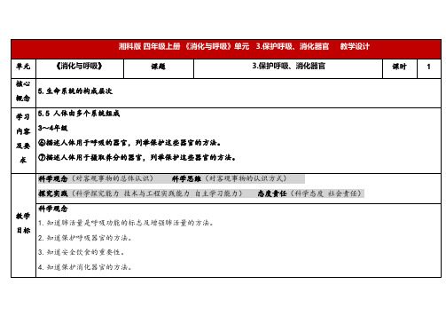 2024年湘教版四年级科学上册 2.3保护呼吸、消化器官(教案)