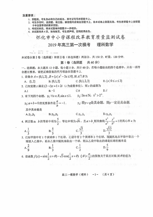 湖南省怀化市2019届高三3月第一次模拟考试数学(理)试题(PDF版 含答案)