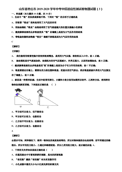 山东省枣庄市2019-2020学年中考中招适应性测试卷物理试题(3)含解析