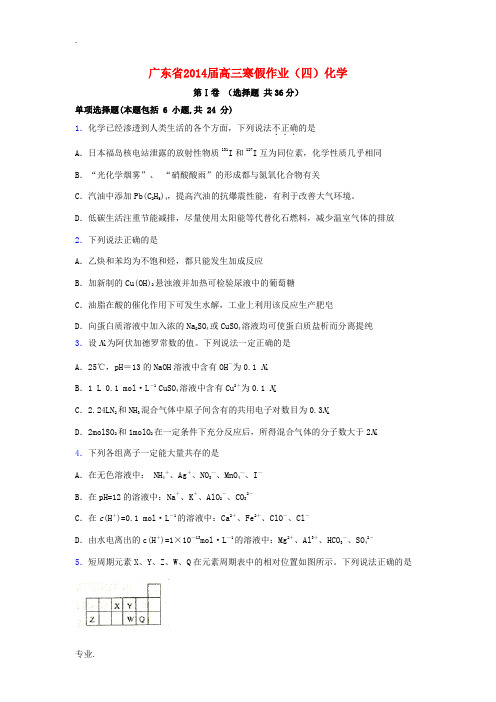 广东省2014届高三化学寒假作业(四)