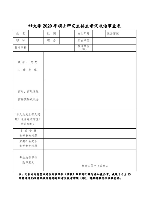 北京工业大学2020年硕士研究生招生考试政治审查表【模板】