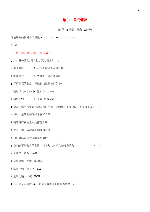 2019九年级化学下册 第十一单元 盐 化肥测评同步练习 (新版)新人教版