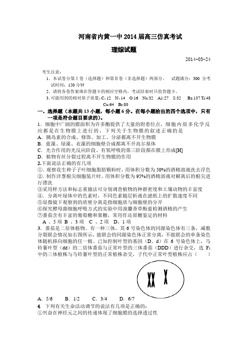 2014河南省内黄一中高三高考仿真考试理综试题和答案