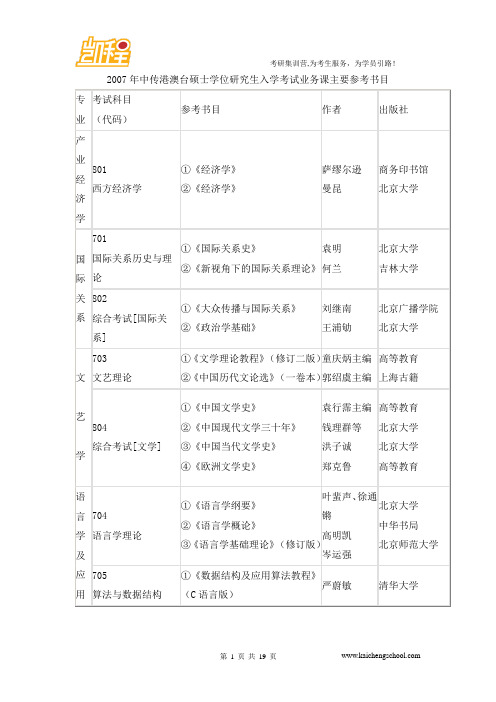 2007年中传港澳台硕士学位研究生入学考试业务课主要参考书目