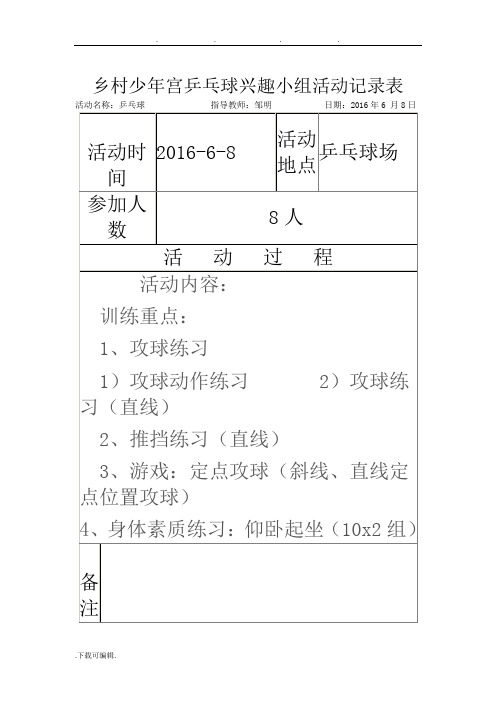 2016年6_7月乡村少年宫乒乓球兴趣小组活动记录表