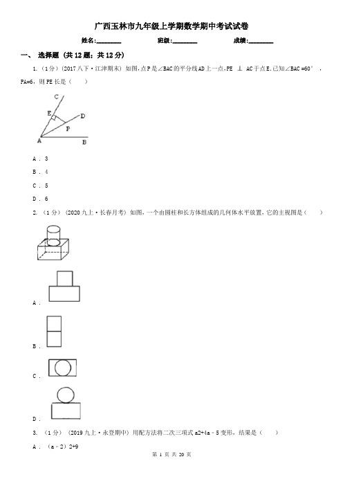 广西玉林市九年级上学期数学期中考试试卷