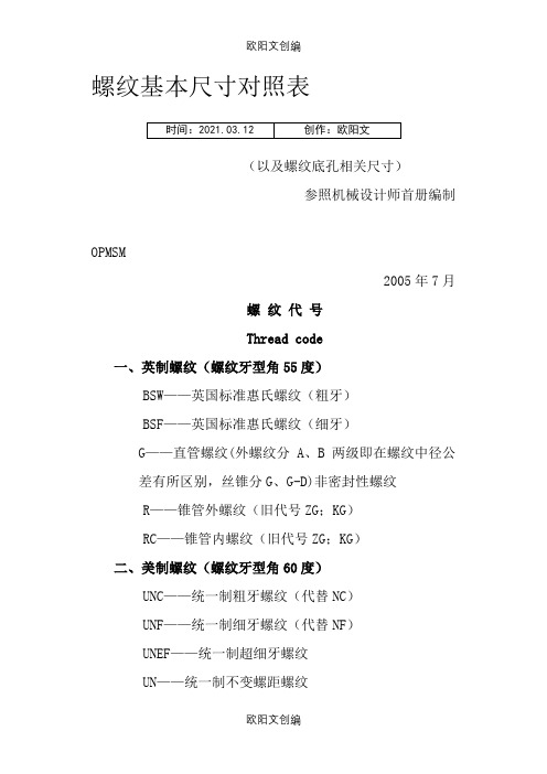 螺纹基本尺寸对照表之欧阳文创编