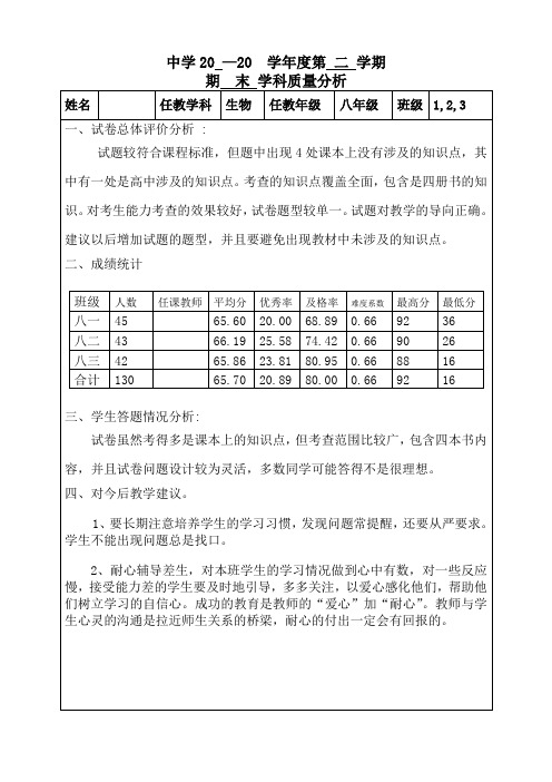 八年级下册生物试卷分析