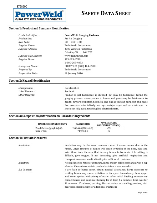 PowerWeld Gouging Carbon产品安全数据表说明书