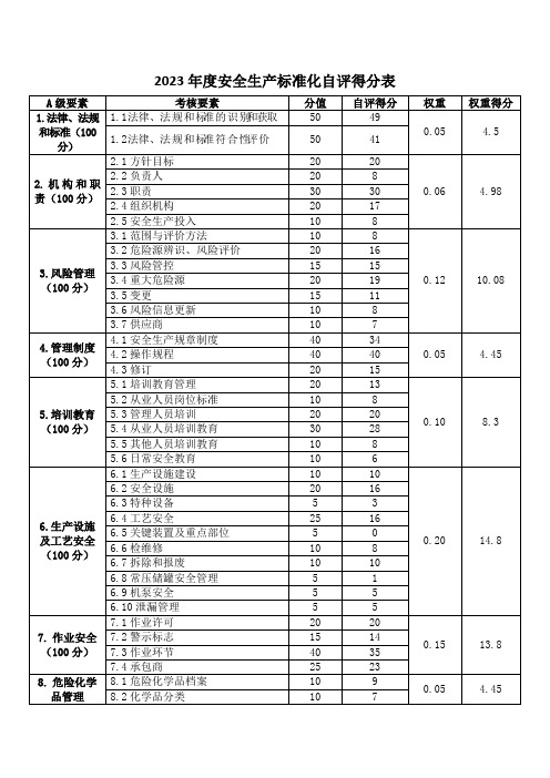 安全生产标准化年度自评得分表