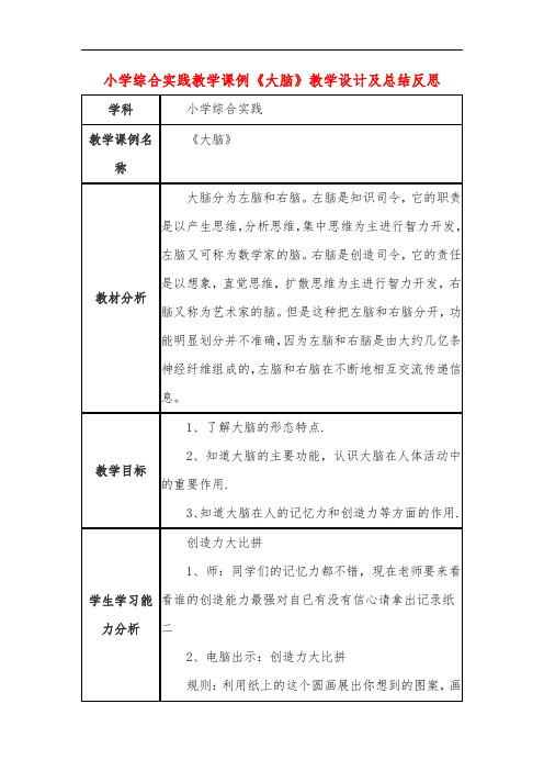 小学综合实践教学课例《大脑》课程思政核心素养教学设计及总结反思