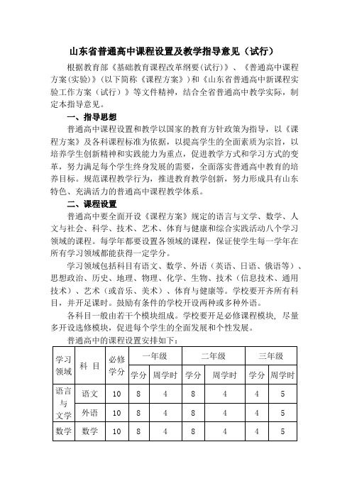 山东普通高中课程设置及教学指导意见试行