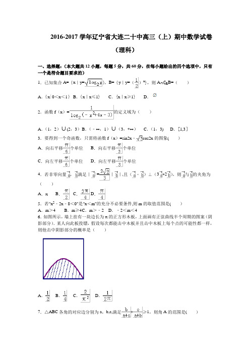 辽宁省大连二十中2017届高三上学期期中考试数学理试卷 含解析