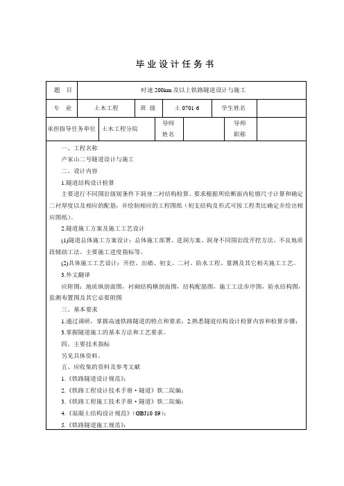 土木工程专业毕业论文--时速200km及以上铁路隧道设计与施工+任务书+开题报告+外文翻译