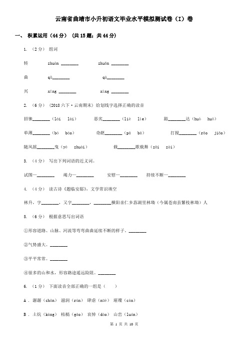 云南省曲靖市小升初语文毕业水平模拟测试卷(I)卷