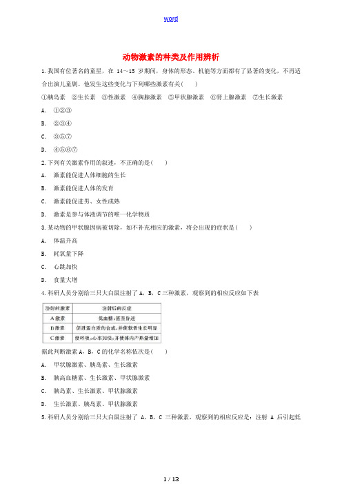 高中生物 动物激素的种类及作用辨析同步精选对点训练 新人教版高一必修3生物试题