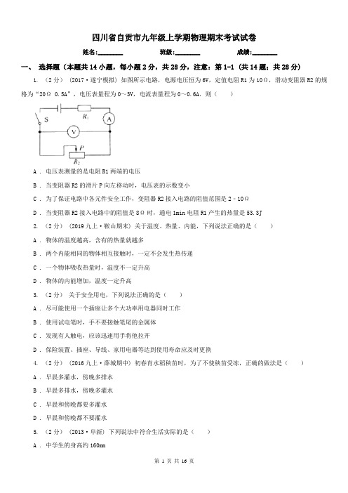 四川省自贡市九年级上学期物理期末考试试卷