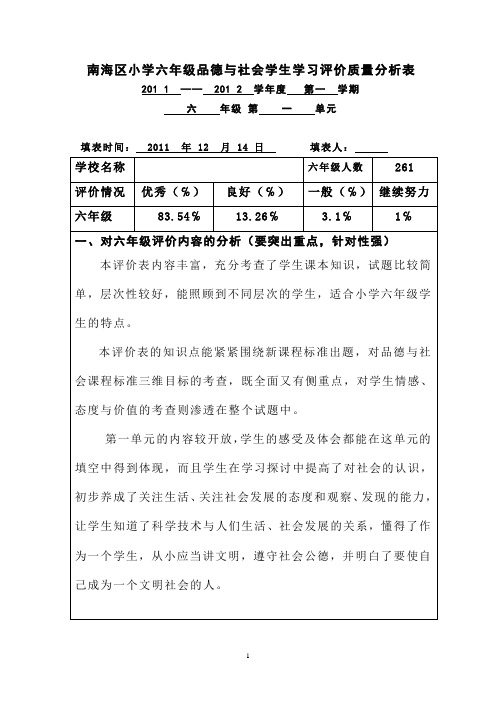 小学六年级品德与社会学生学习评价质量分析表