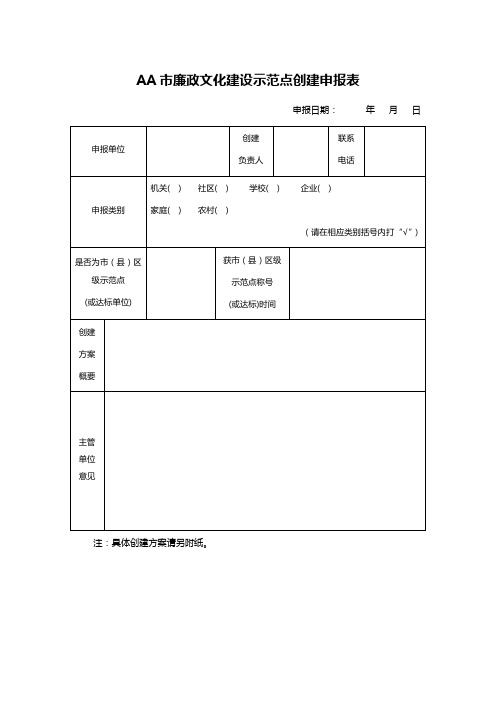 AA市廉政文化建设示范点创建申报表