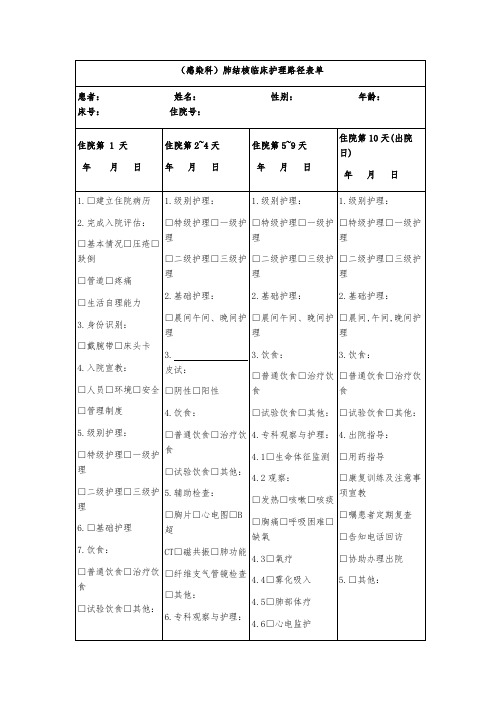 (感染科)肺结核临床护理路径表单