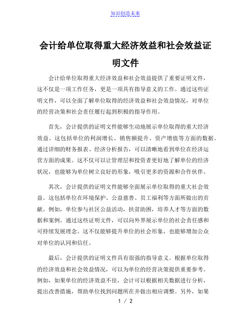 会计给单位取得重大经济效益和社会效益证明文件