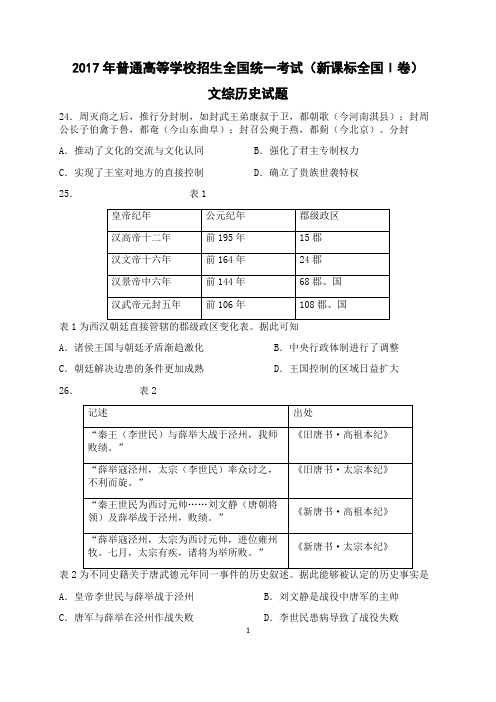 2017高考全国卷文综历史部分真题及答案