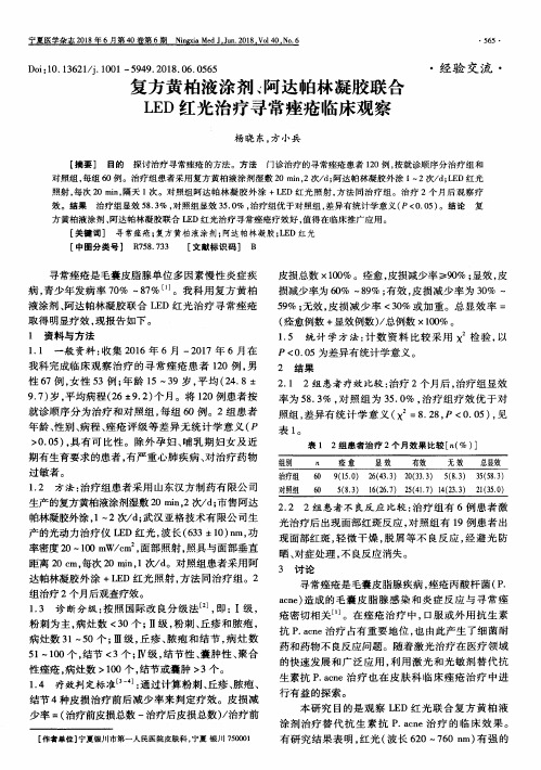 复方黄柏液涂剂、阿达帕林凝胶联合LED红光治疗寻常痤疮临床观察