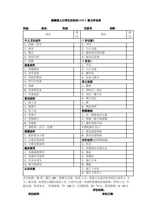 脑瘫患儿日常生活活动能力评估表