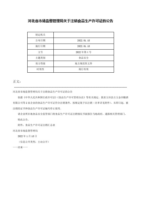 河北省市场监督管理局关于注销食品生产许可证的公告-2022年第4号