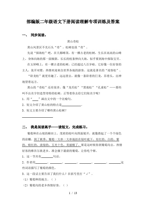 部编版二年级语文下册阅读理解专项训练及答案