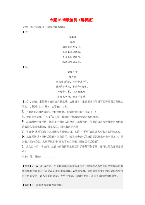 专题08：诗歌鉴赏-2022-2023学年七年级语文下册备考期末总复习(江苏苏州专用)解析版