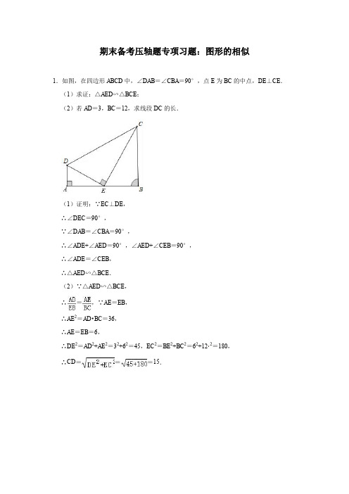 北师大版九年级数学上学期期末备考压轴题专项习题：图形的相似(含答案)