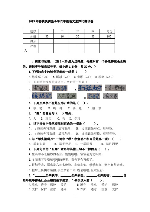 2019年永春县桃溪实验小学六年级语文素养比赛试卷